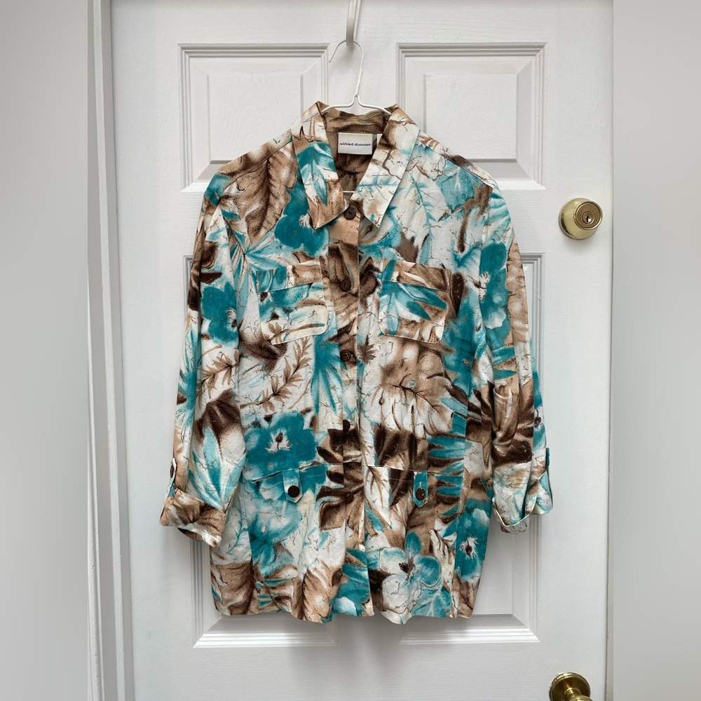 Alfred Dunner Teal and Brown Floral Jacket w 3/4 Sleeves - Size 16